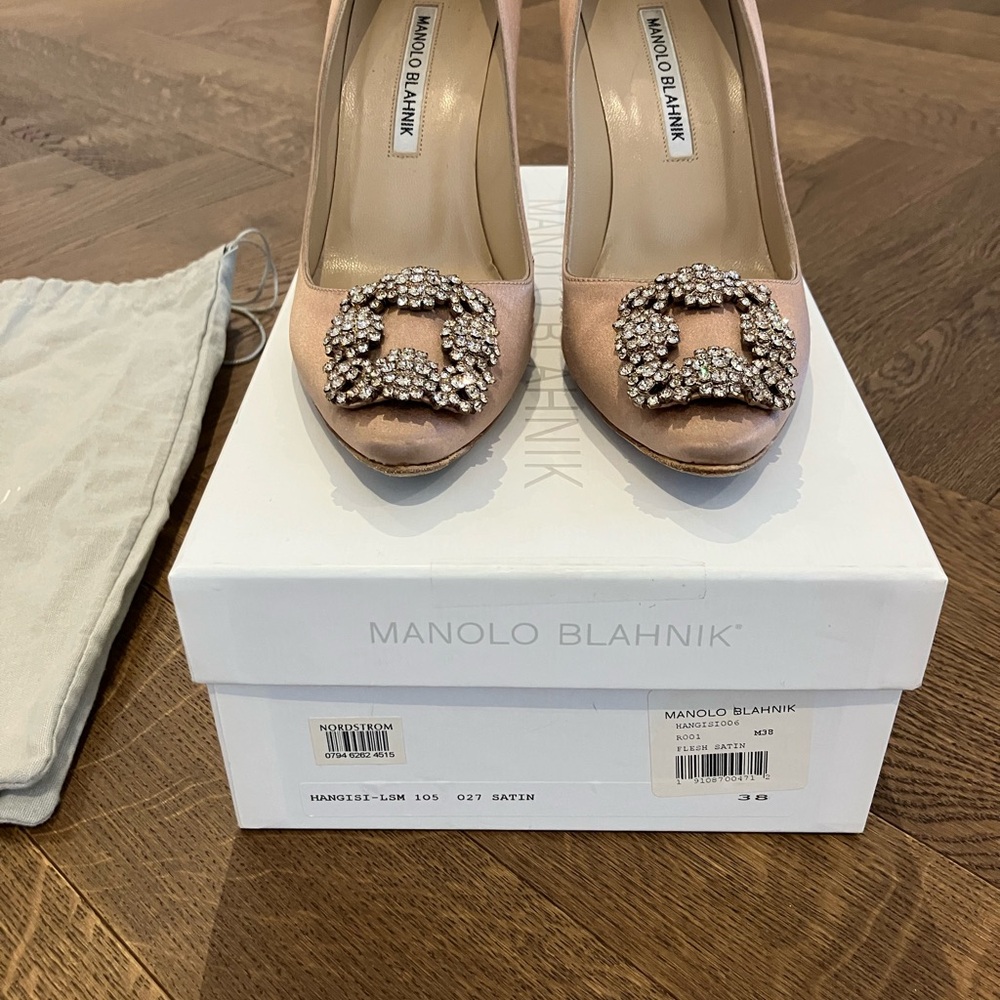 Manolo Blahnik Hangisi Flesh Satin Embellished Heels - Picture 2 of 4